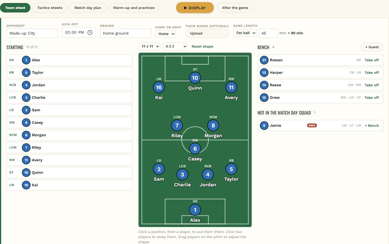 A game day team sheet: the starting eleven on a pitch, with the bench beside it