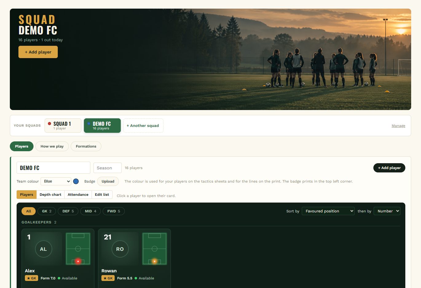 The squad page with player cards grouped by position
